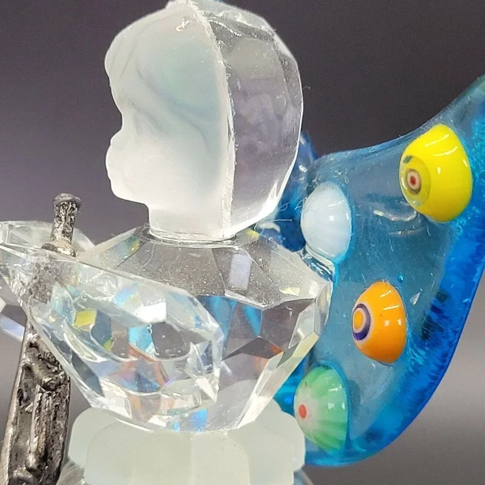 Art Glass Angel Bell Crystal Arms Millefiori Wings Delicate Collectible Curio